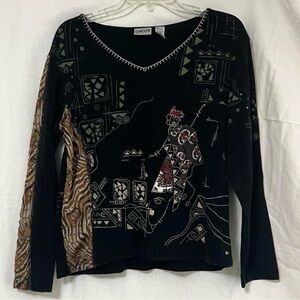 Chico's Black Long-Sleeve Graphic V-Neck Top